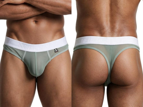 Front and rear views of a man wearing sage green mesh thong underwear with a wide white waistband.