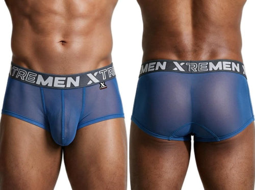 Front and back views of a man wearing blue mesh briefs with a gray branded waistband.