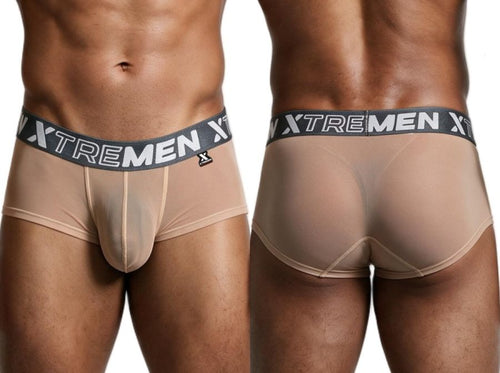 Front and back view of brown mesh briefs on a male model, featuring a thick grey branded waistband.
