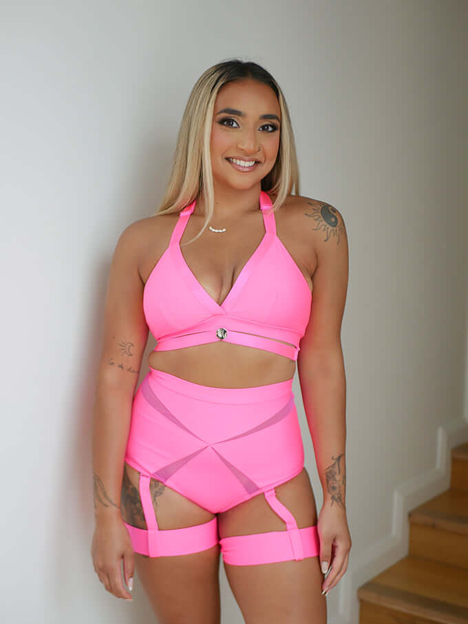 Yasmin High Waist Scrunch Bum Garter Shorts HOT PINK