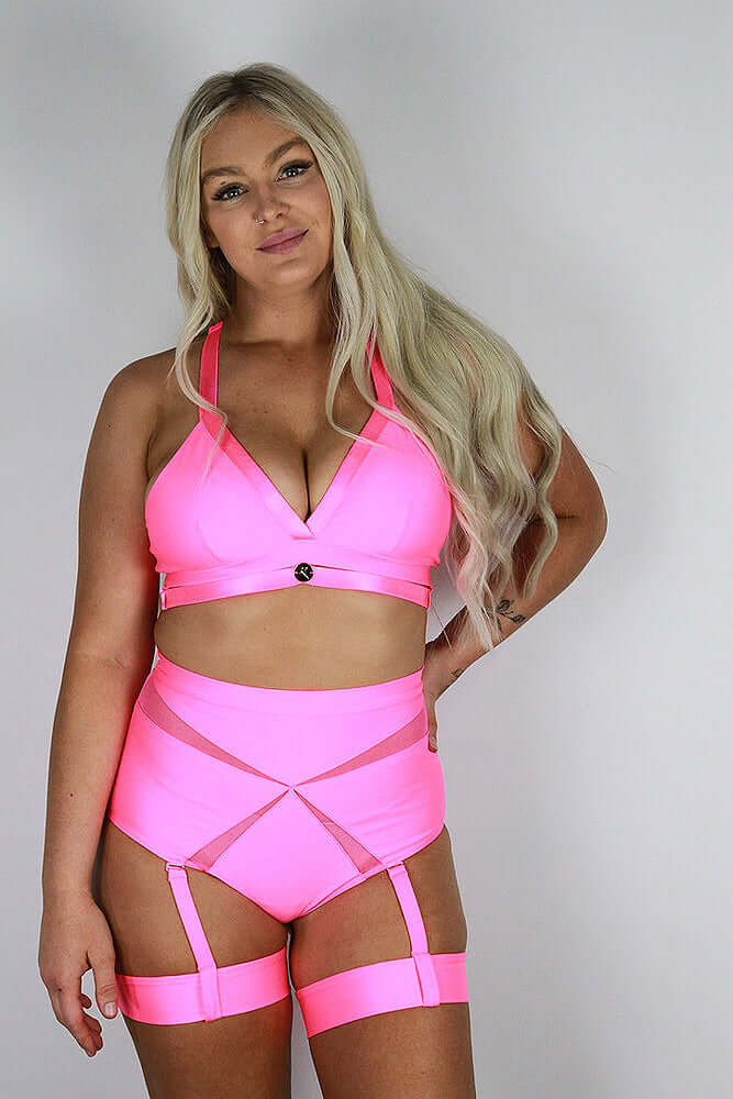 Yasmin High Waist Scrunch Bum Garter Shorts HOT PINK