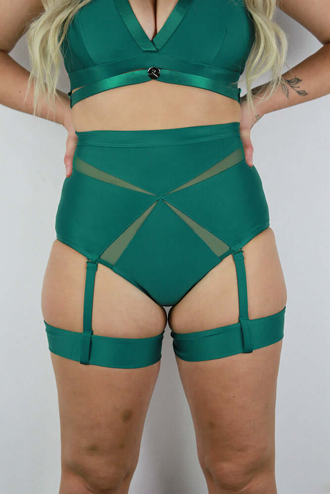 Yasmin High Waist Scrunch Bum Garter Shorts Forest Green