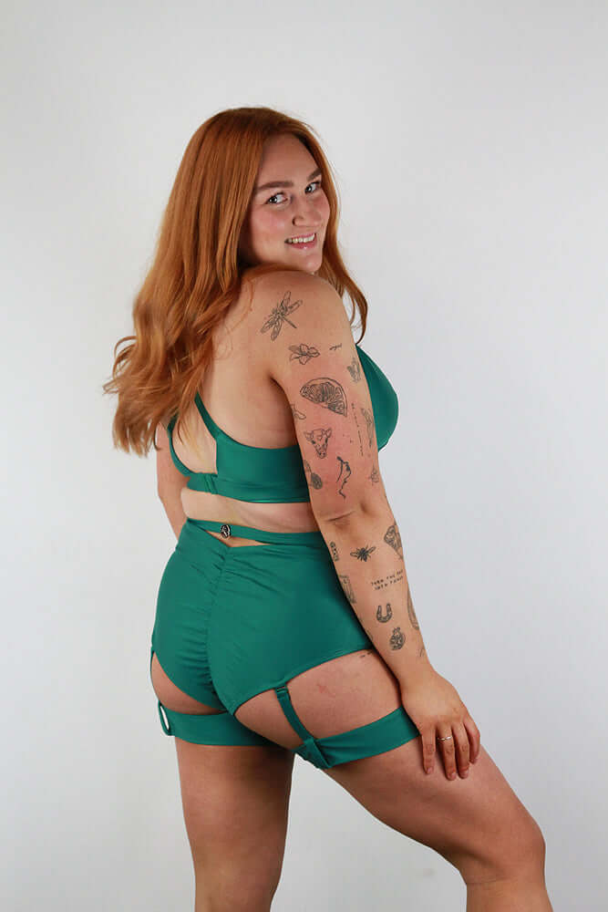 Yasmin High Waist Scrunch Bum Garter Shorts Forest Green