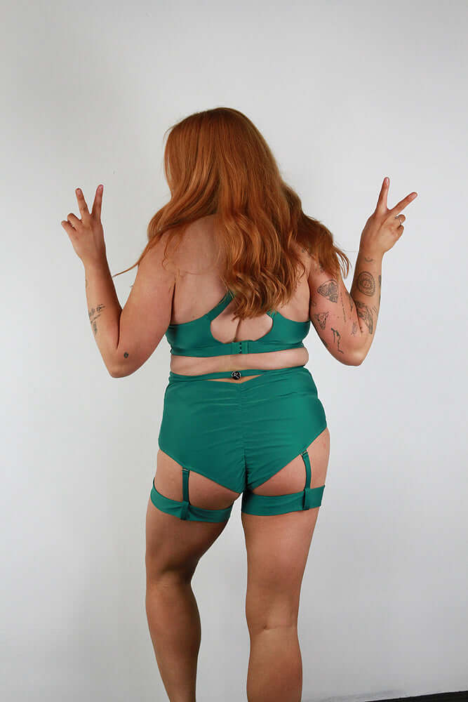 Yasmin High Waist Scrunch Bum Garter Shorts Forest Green