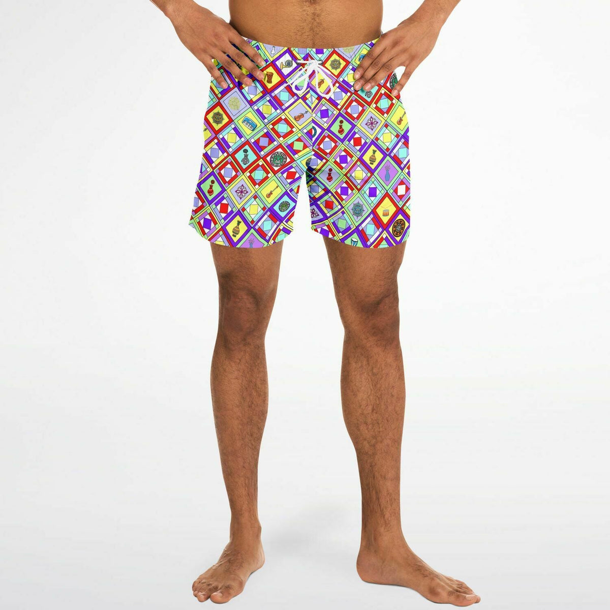 Maris Equi 1960's Style Colorful Diamond Print Retro Men's Swim Shorts Trunks