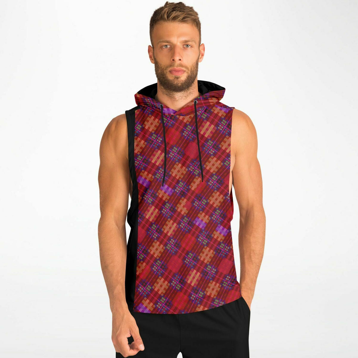Maris Equi Red Tartan Men's Drop Armhole Cotton Blend Hoodie