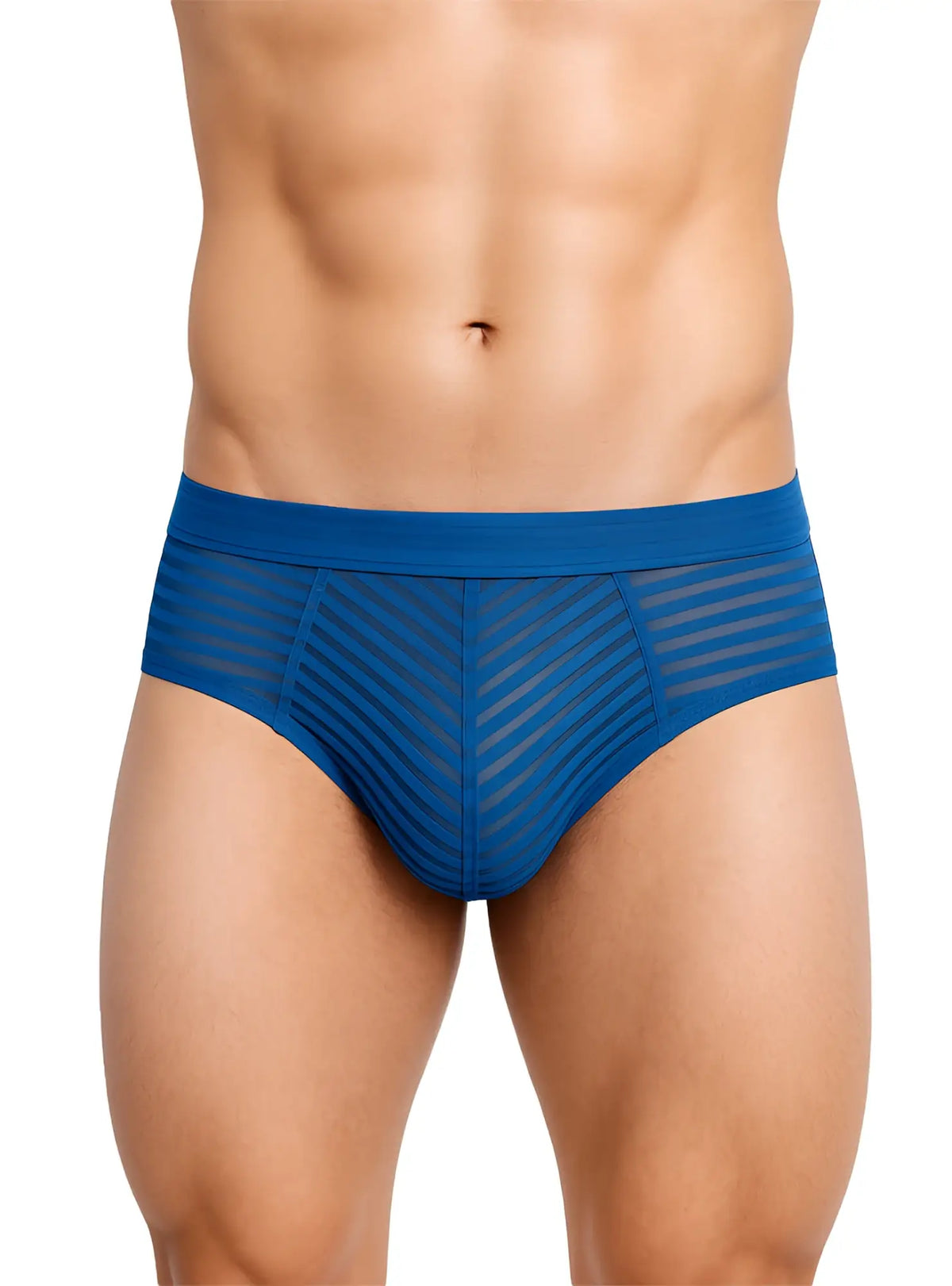 Blue activeStripe nylon menâ€™s briefs featuring a mesh panel and diagonal stripe pattern for active wear