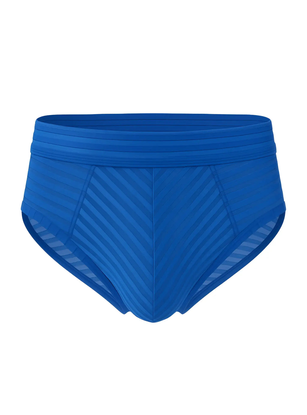 Bright blue activestripe nylon brief swim trunks with textured diagonal stripes and mesh side panels