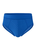 Bright blue activestripe nylon brief swim trunks with textured diagonal stripes and mesh side panels