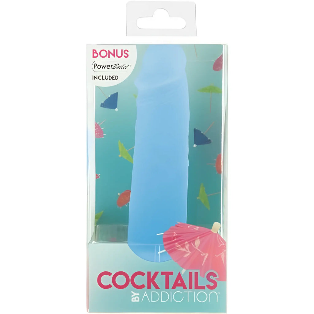 Light blue silicone cock ring with smooth tapered design and textured grip in Addiction Cocktails Dildo Blue Lagoon 5.5in
