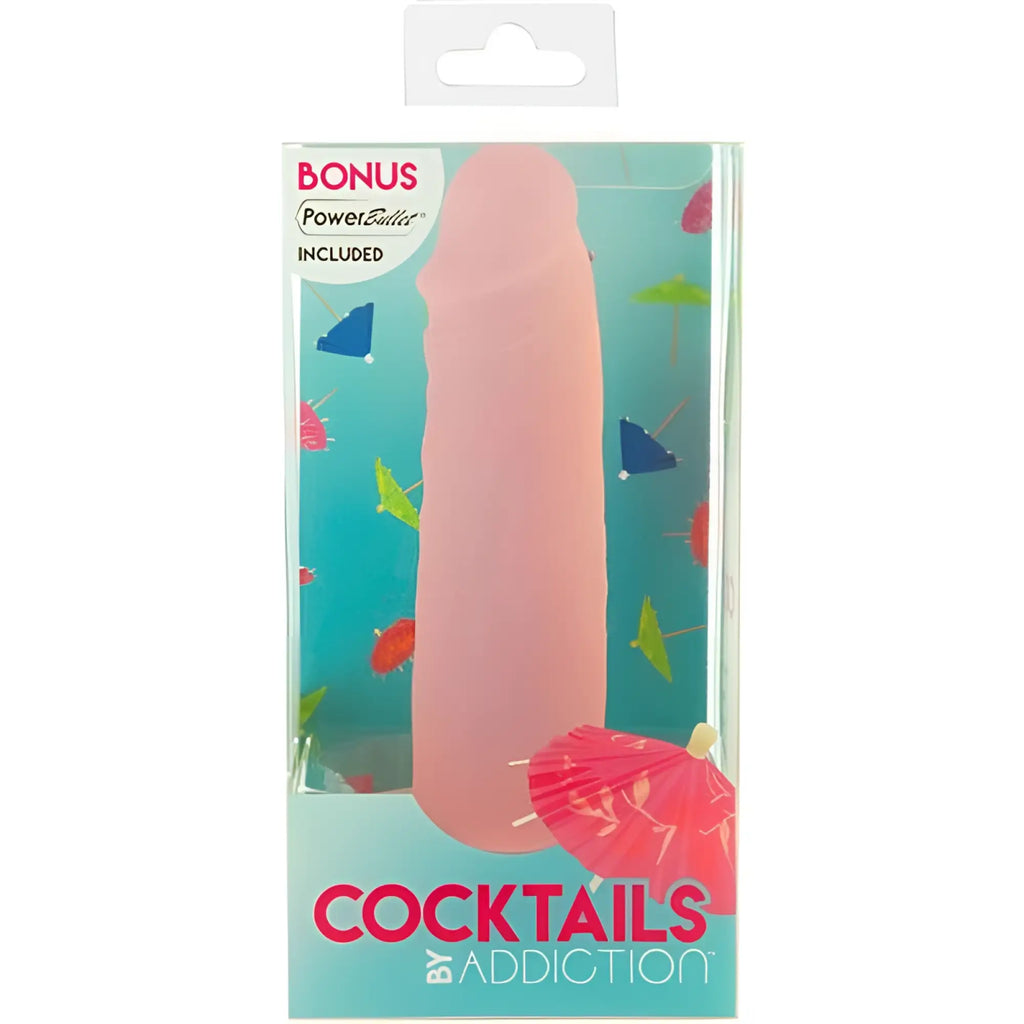 Addiction cocktails dildo peach bellini 5.5in pink silicone cock ring with cocktail umbrellas in clear plastic box