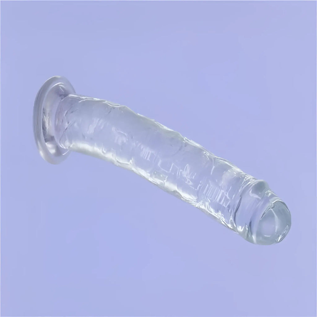 Addiction crystal dildo straight 9in clear made of transparent silicone with textured surface and rounded ends