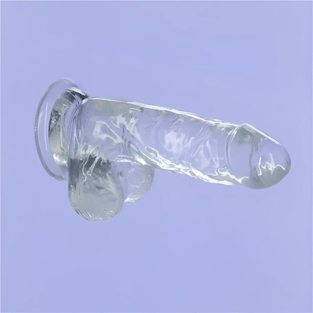 Addiction crystal dildo w balls 6in clear made of clear glass with textured surface and rounded head for intimate use