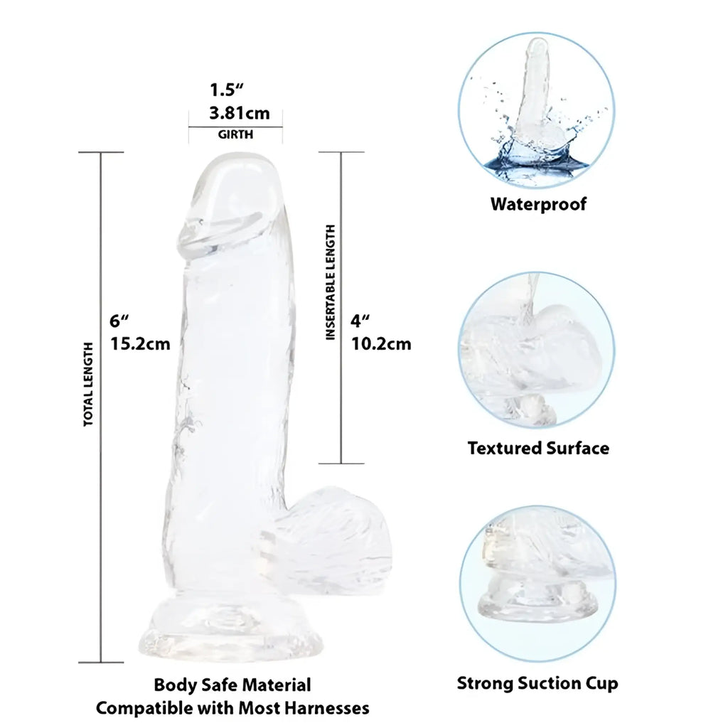 Addiction crystal dildo with balls 6in clear transparent silicone textured surface and strong suction cup base