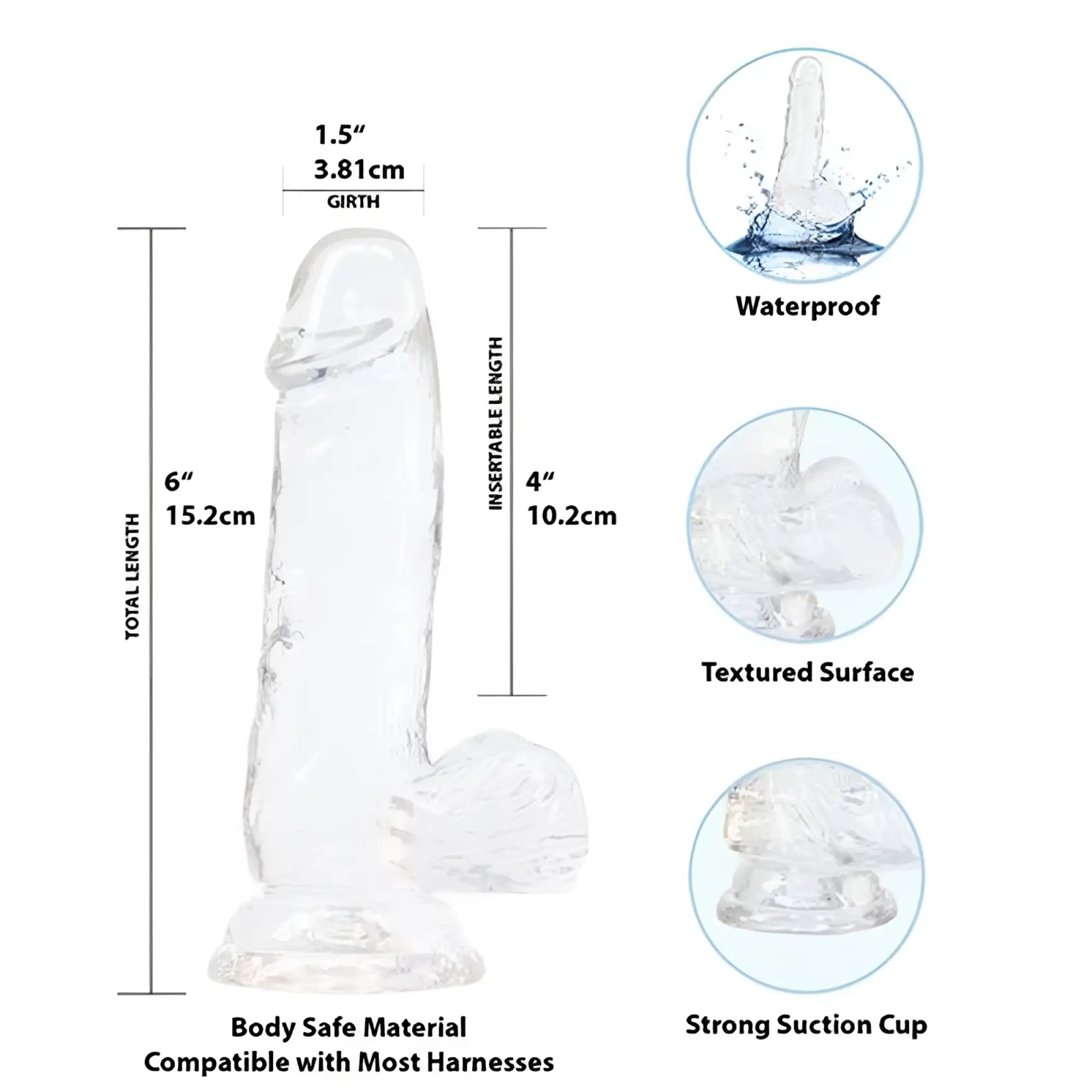 Addiction crystal dildo with balls 6in clear transparent silicone textured surface and strong suction cup base