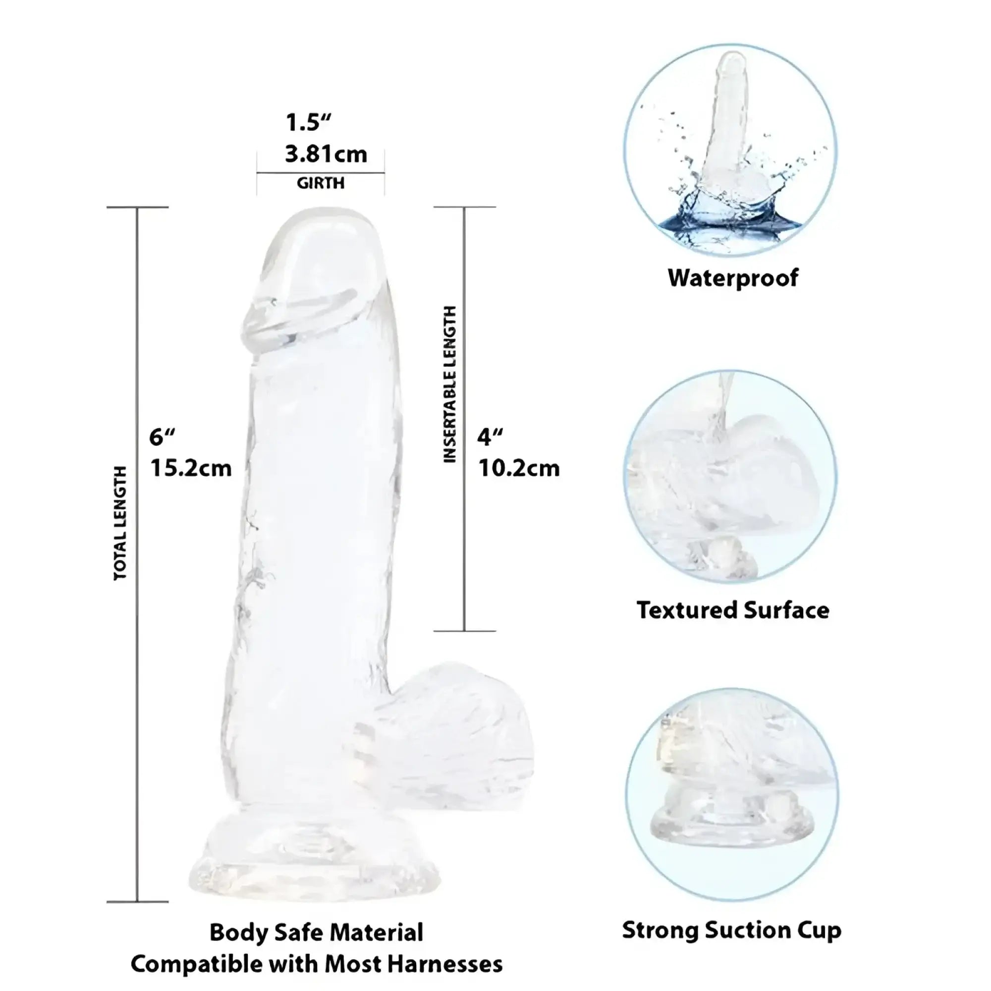 Addiction crystal dildo with balls 6in clear transparent silicone textured surface and strong suction cup base
