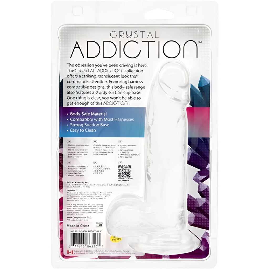 Addiction crystal dildo with balls 8in clear translucent body-safe plastic with sturdy suction cup base from crystal addiction collection