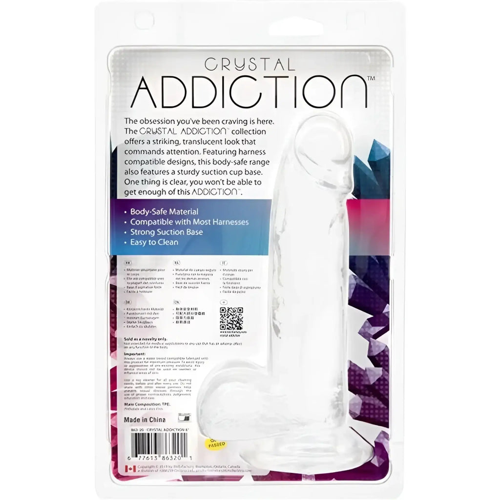 Addiction crystal dildo with balls 8in clear translucent body-safe plastic with sturdy suction cup base