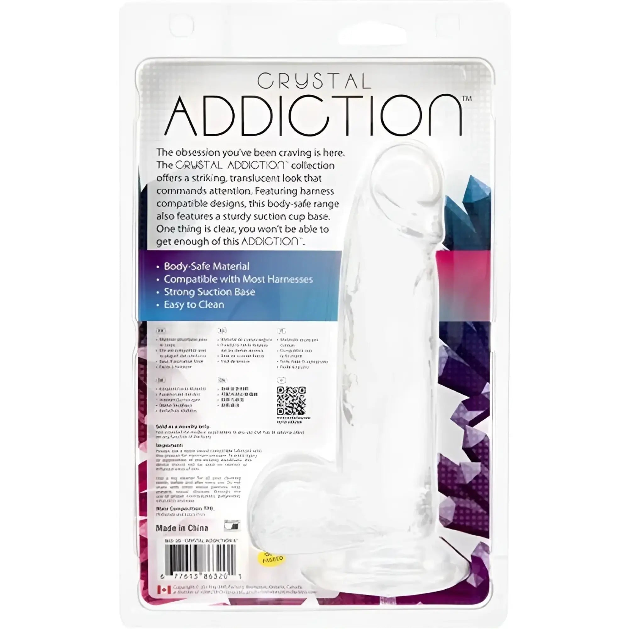 Addiction crystal dildo with balls 8in clear translucent body-safe plastic with sturdy suction cup base