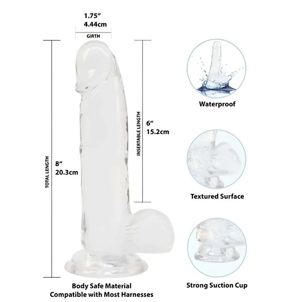Addiction crystal dildo w balls 8in clear transparent silicone with textured surface and strong suction cup base