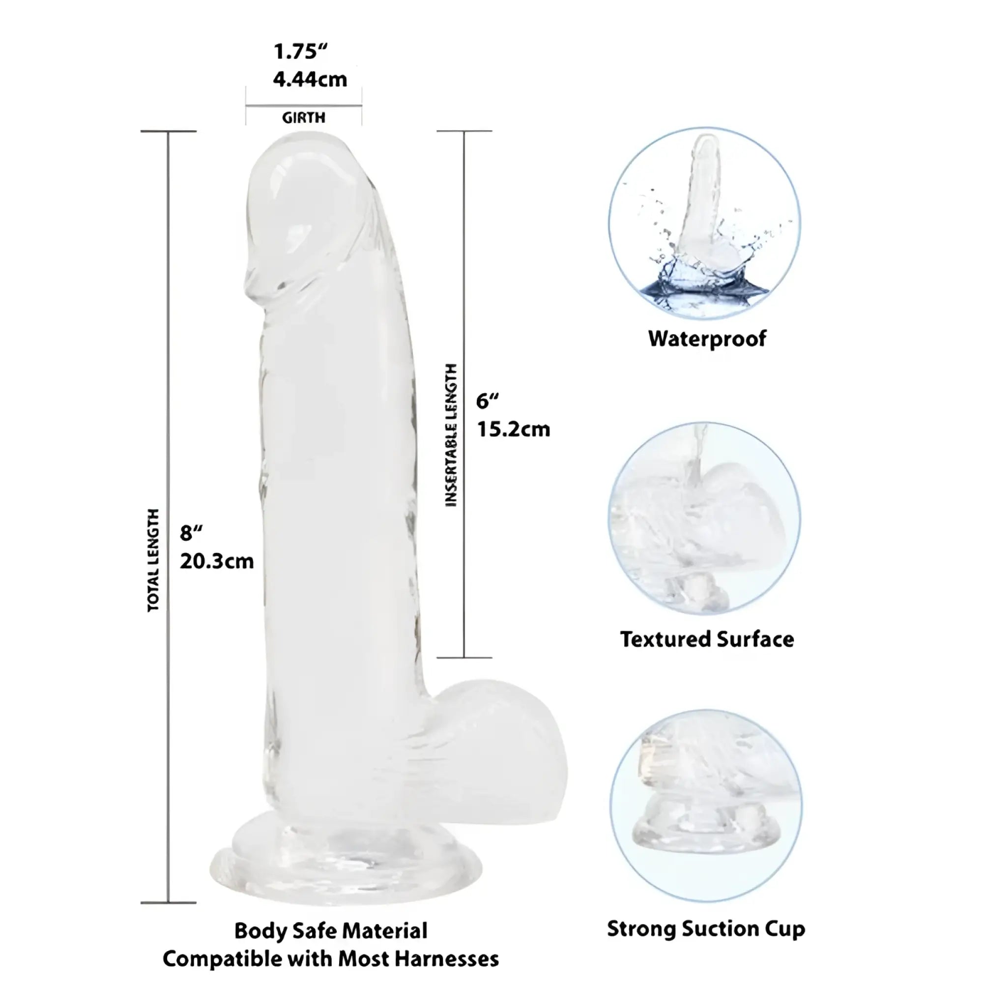Addiction crystal dildo w balls 8in clear transparent silicone with textured surface and strong suction cup base