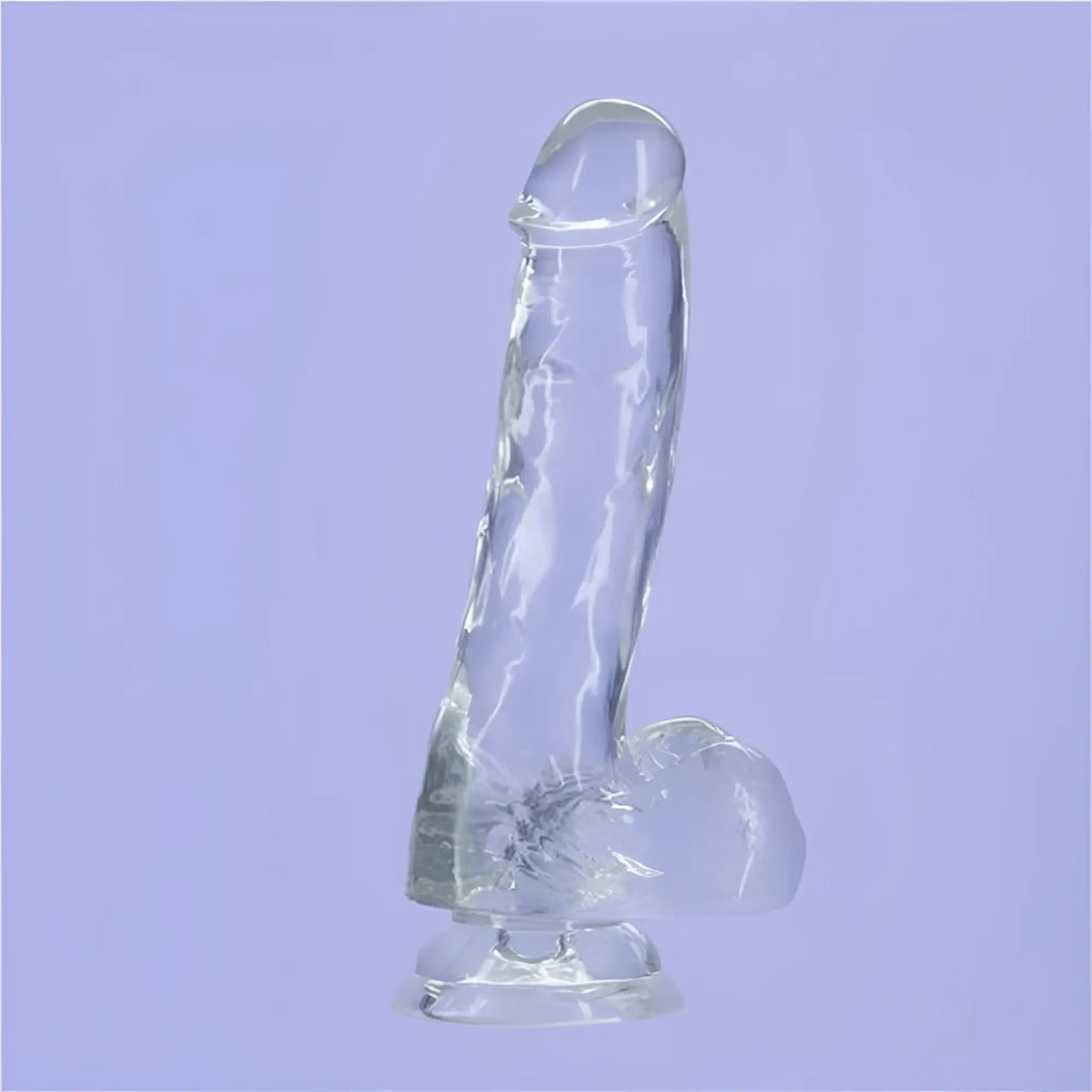 Addiction crystal dildo with balls 8in clear transparent silicone textured surface and floral pattern on base