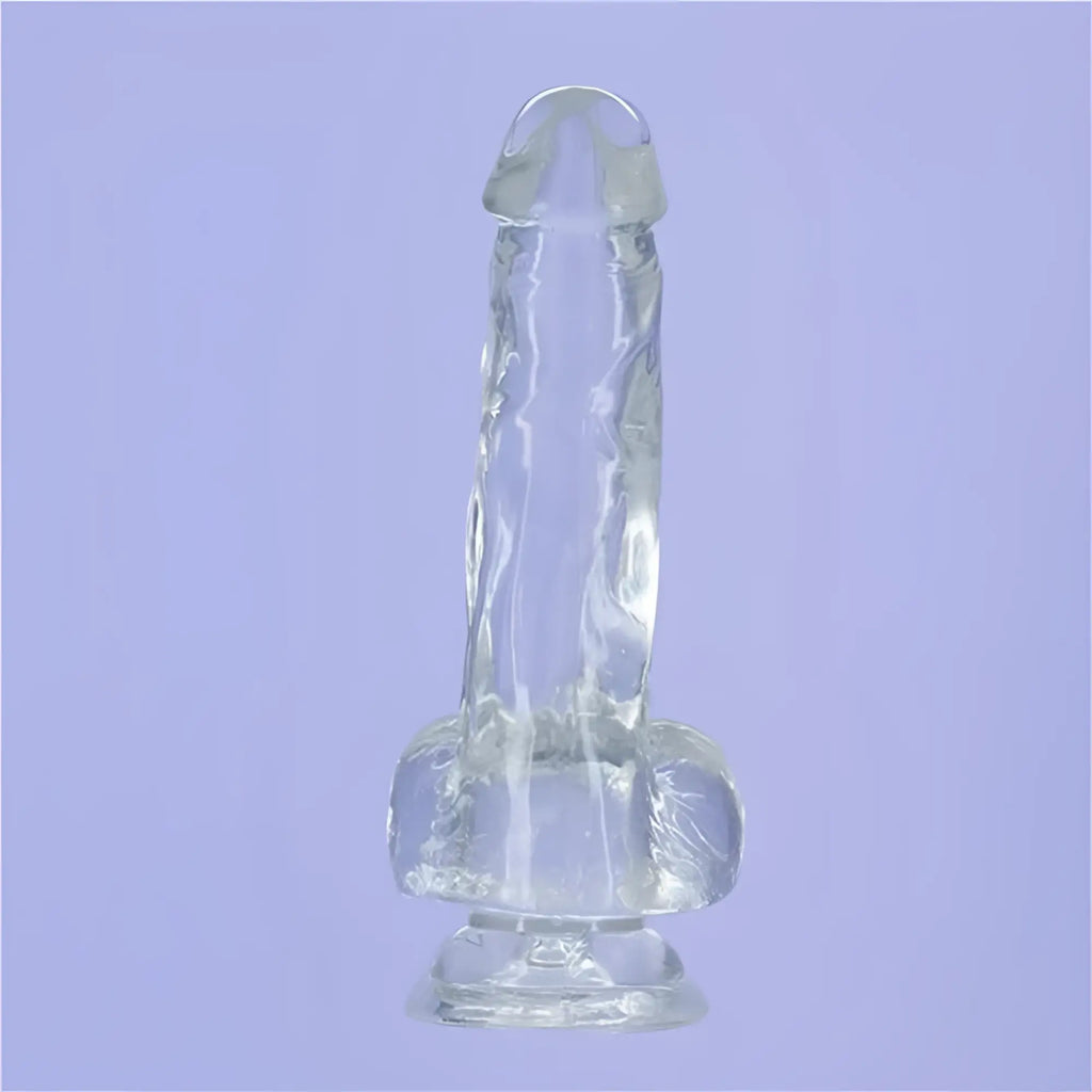 Clear transparent silicone addiction crystal dildo with textured surface rounded base 8 inch clear