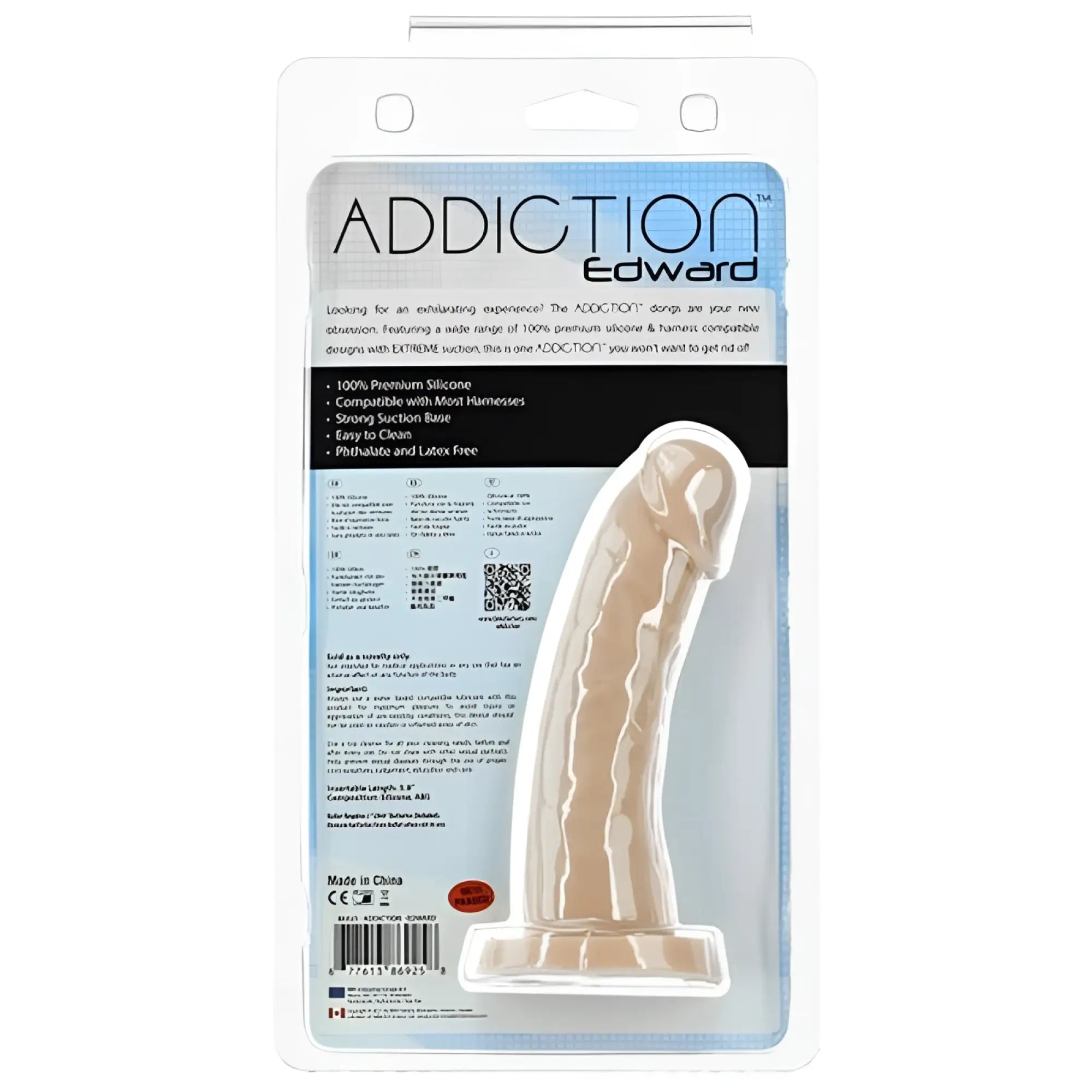 Beige silicone dildo addiction edward 6in dong with textured surface and wide suction base in clear plastic packaging