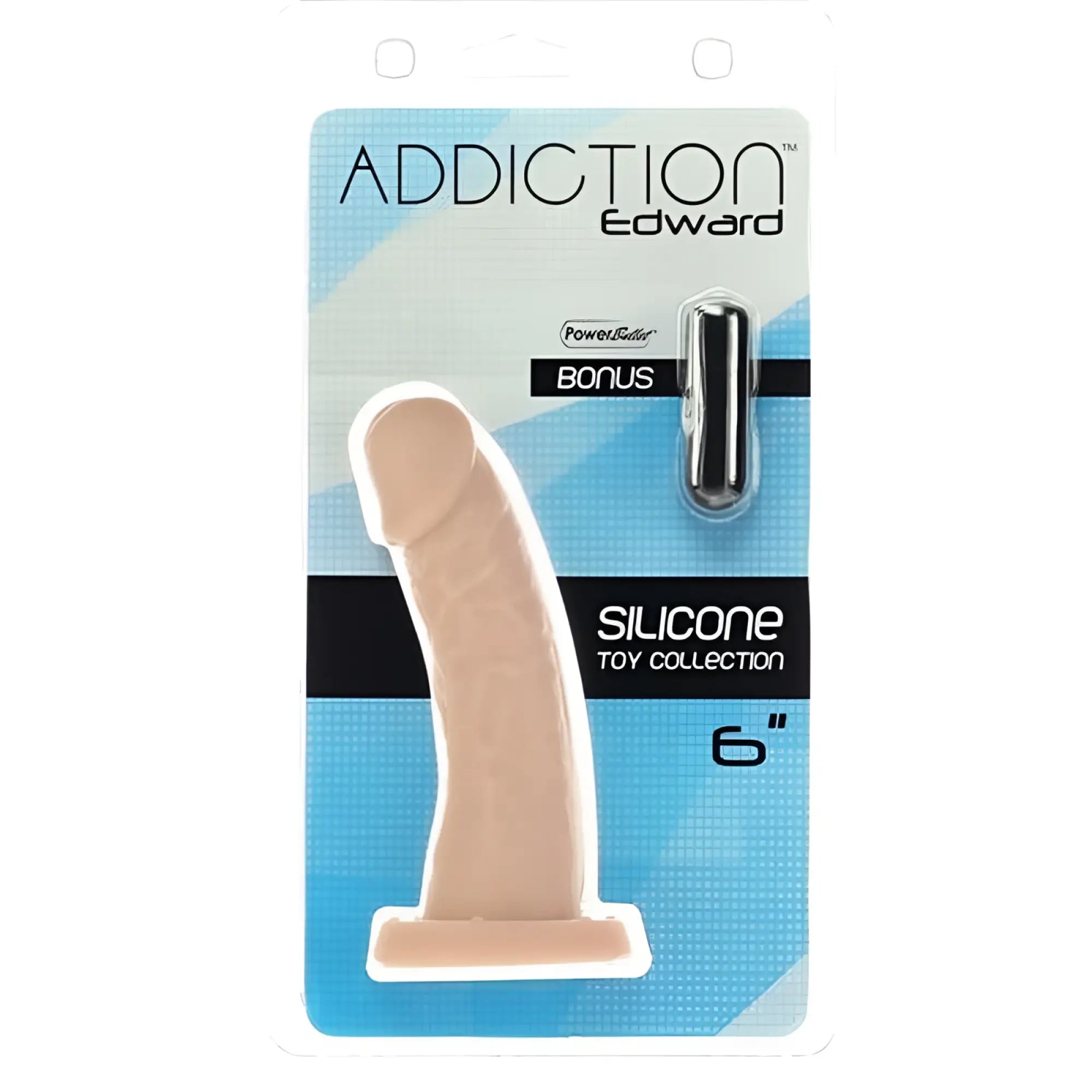 Beige 6-inch silicone dong from the addiction edward silicone toy collection shown from the back side