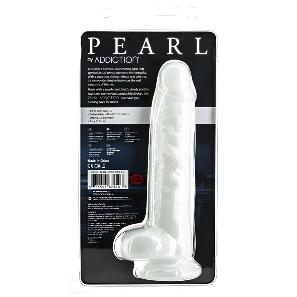 Addiction Pearl dildo 8.5in pearl white clear translucent plastic with smooth glossy finish and textured ridges