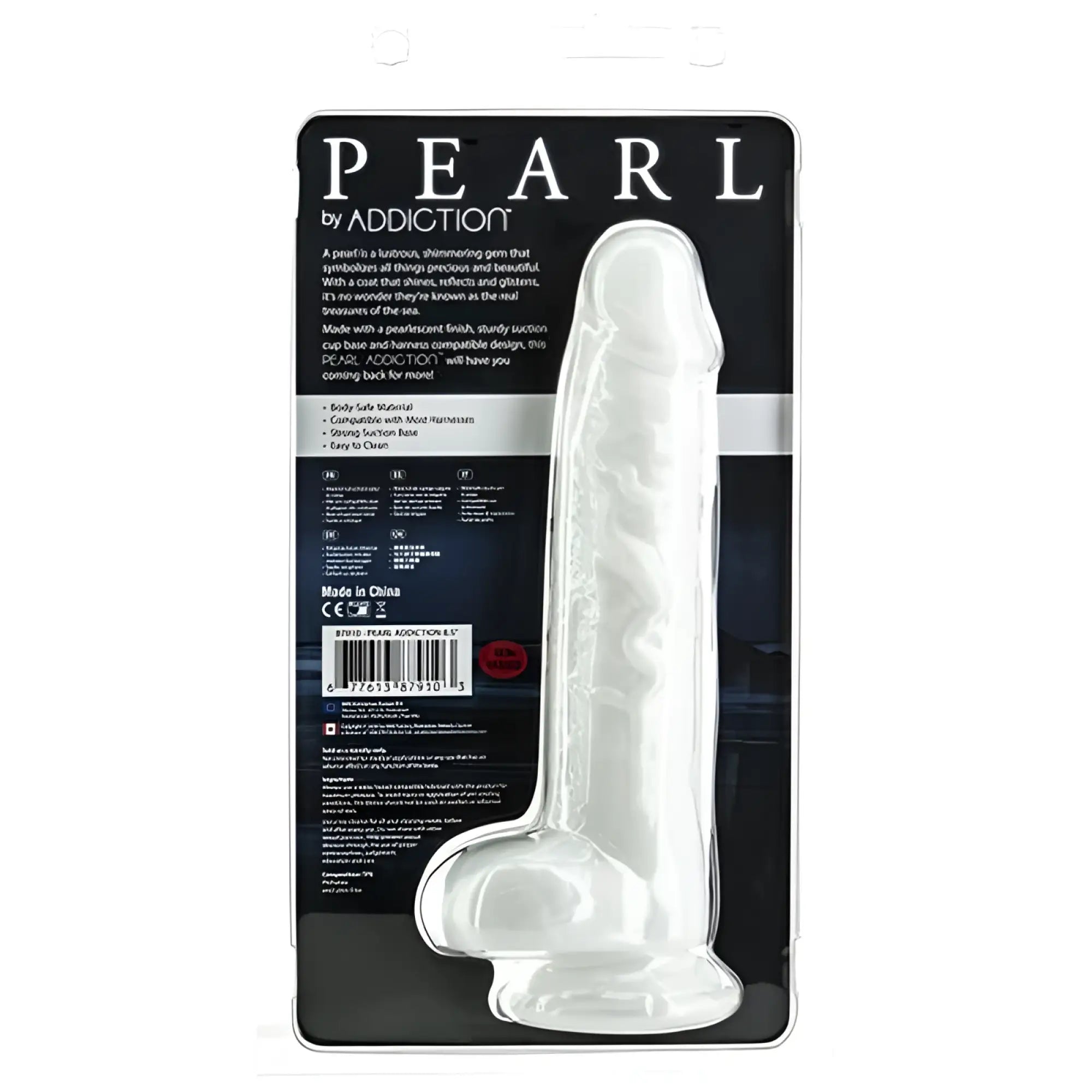 Addiction Pearl dildo 8.5in pearl white clear translucent plastic with smooth glossy finish and textured ridges