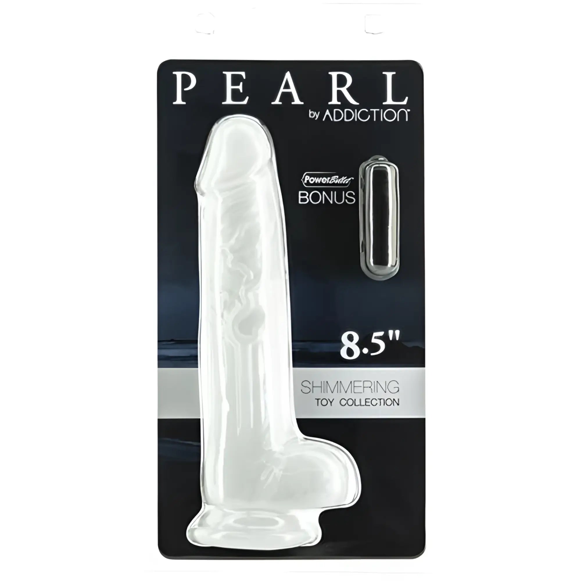 Addiction Pearl Dildo 8.5in pearl white clear silicone toy with glossy finish and subtle textured ridges