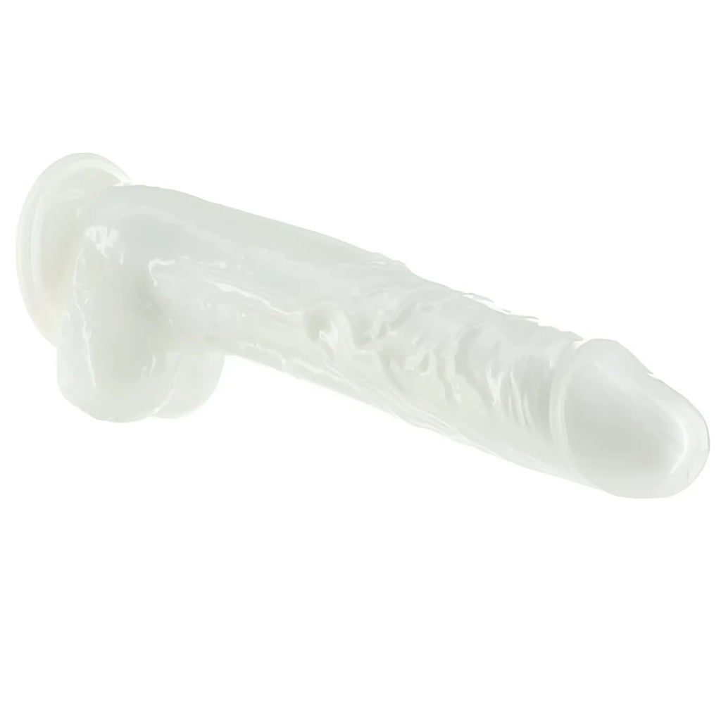 Translucent white silicone addiction pearl dildo 8.5in with textured surface and rounded head in pearl white