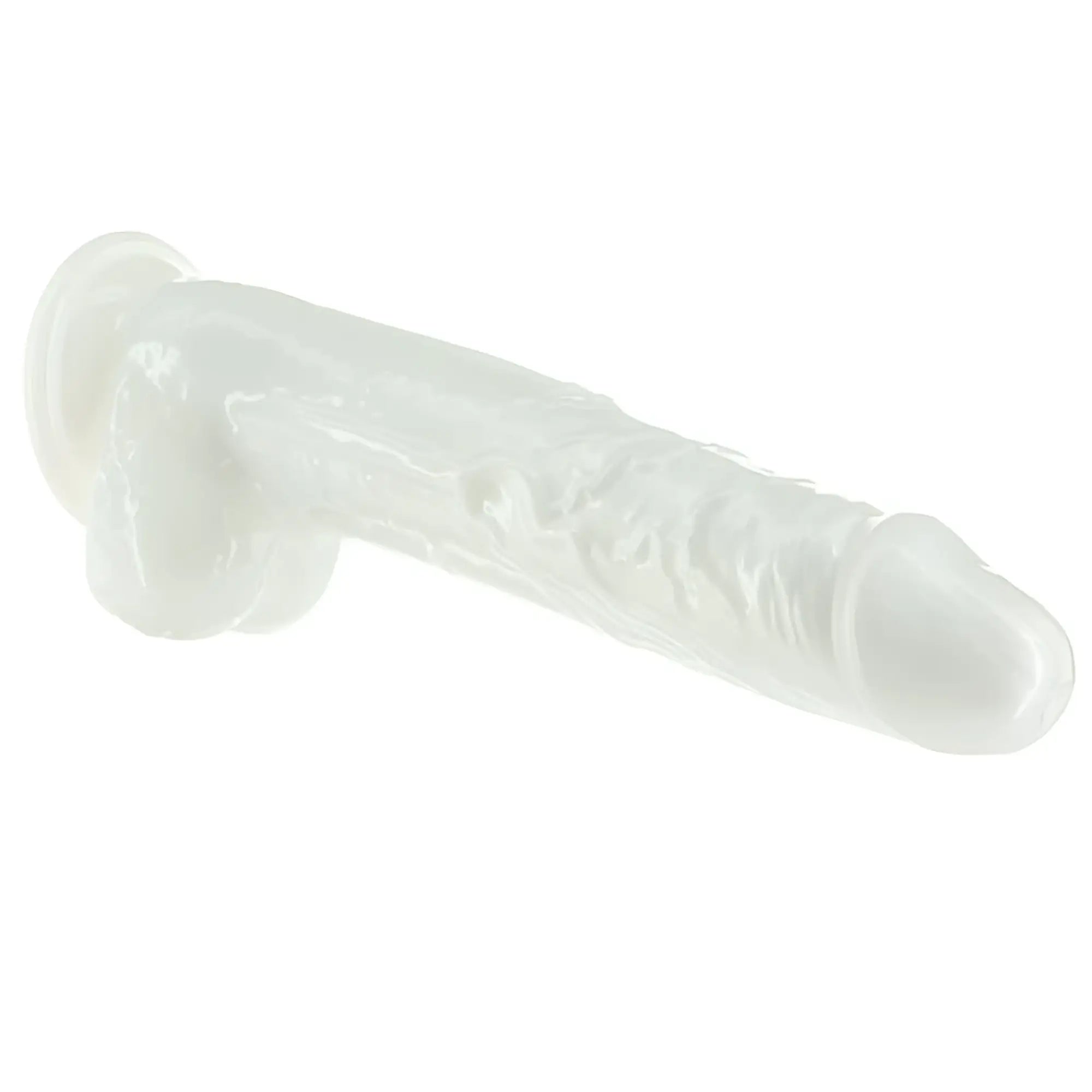 Translucent white silicone addiction pearl dildo 8.5in with textured surface and rounded head in pearl white