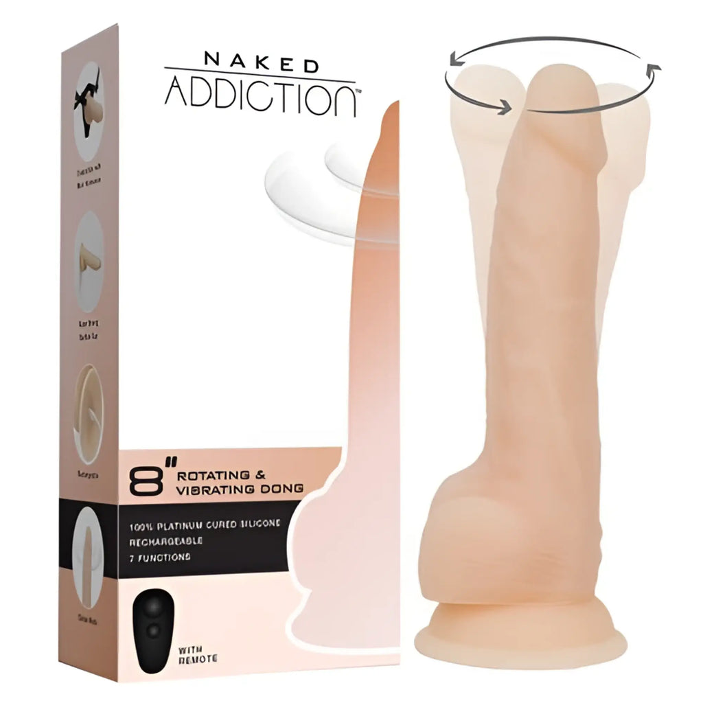 Addiction rotating 8 inch vibrating silicone dildo in vanilla color with remote by naked addiction shown from back side