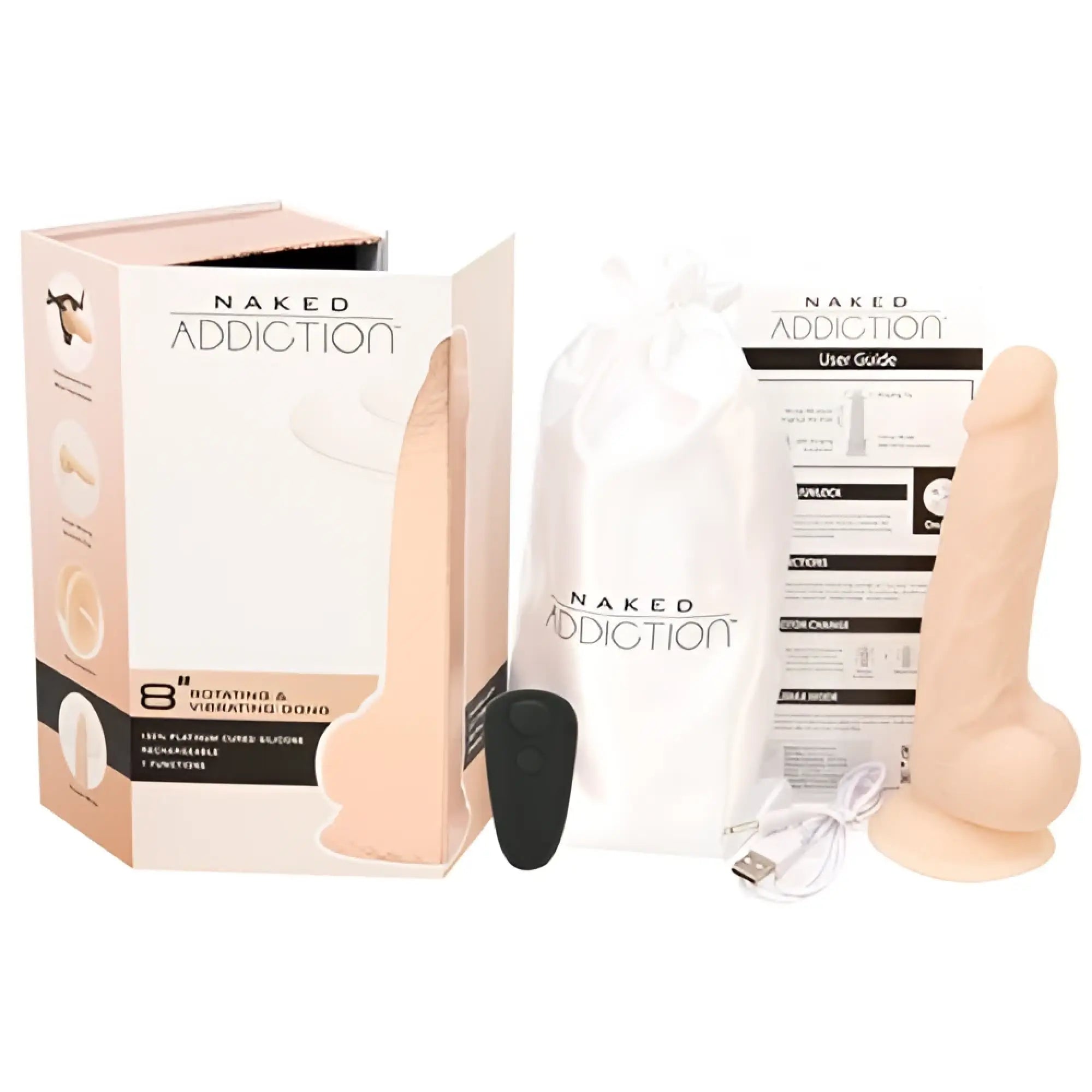 Beige silicone 8 inch rotating and vibrating dildo with remote from naked addiction vanilla edition shown from the back