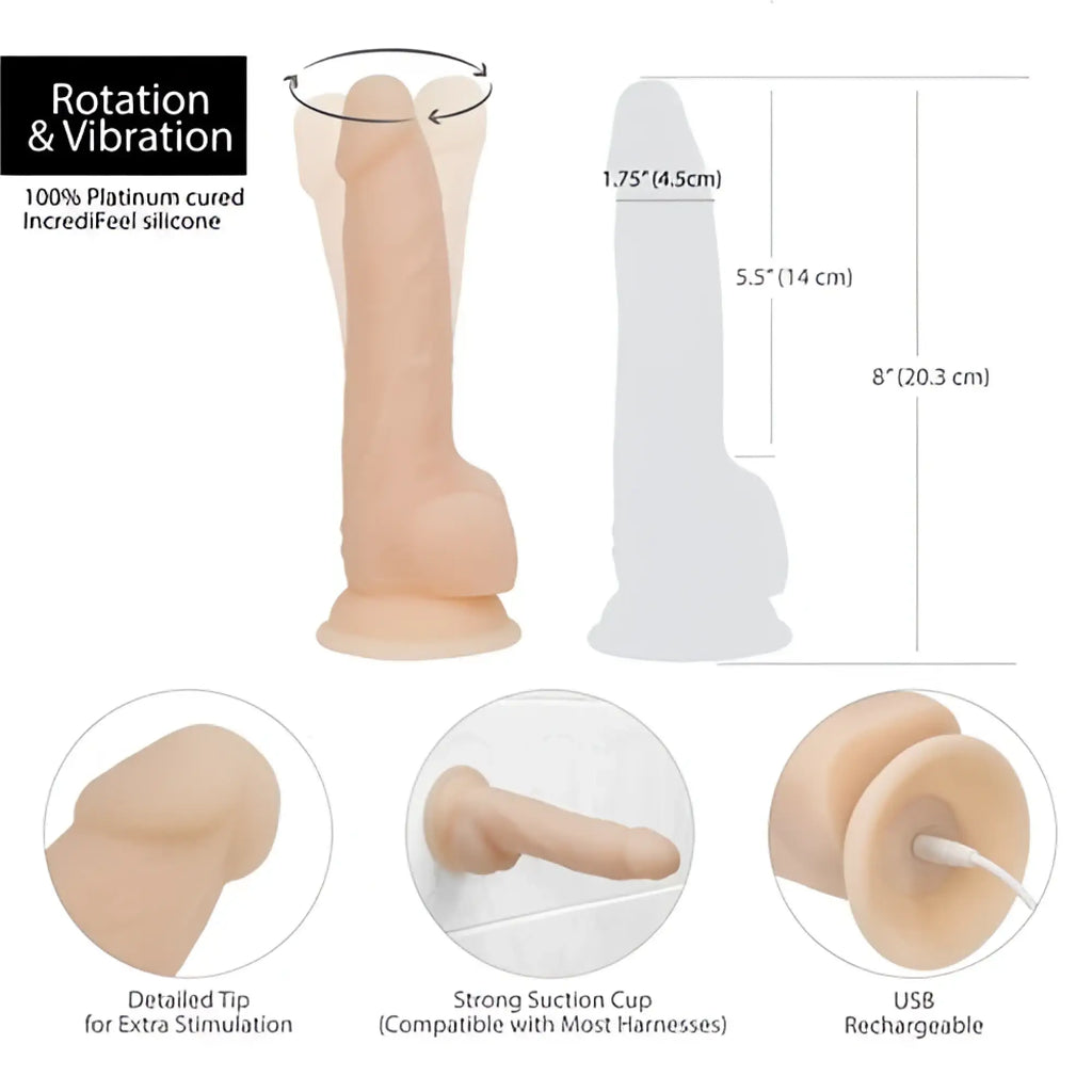 Platinum cured vanilla silicone rotating and vibrating 8in dildo with usb rechargeable design and remote control