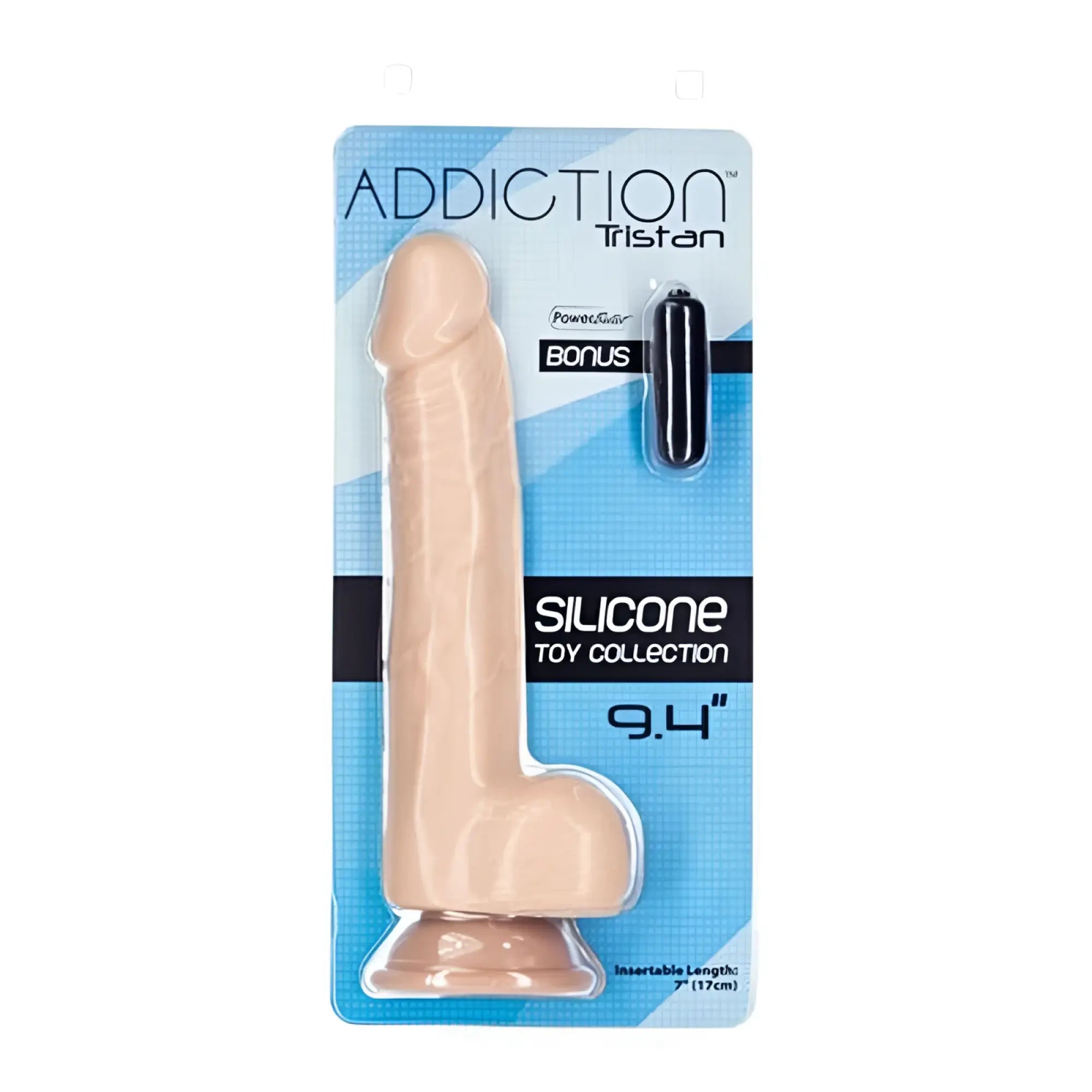 Addiction Tristan 9 inch beige silicone dong with natural skin tone finish and bonus black cylindrical attachment included