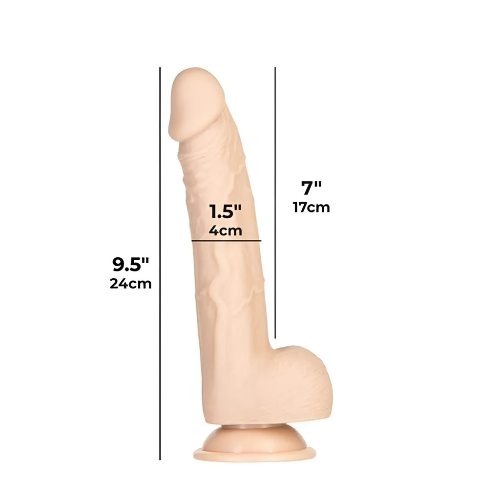 Beige silicone addiction tristan 9in dong with realistic textured surface and rounded base for intimate use