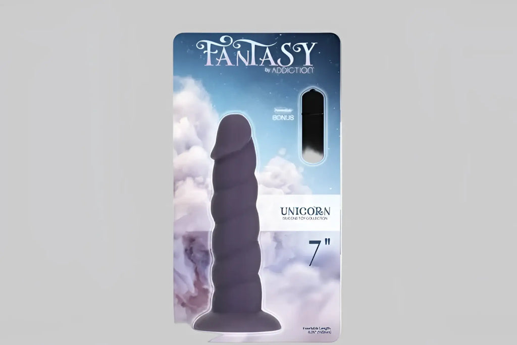 Dark purple 7-inch silicone unicorn-shaped vibrator from fantasy by addiction for personal pleasure use