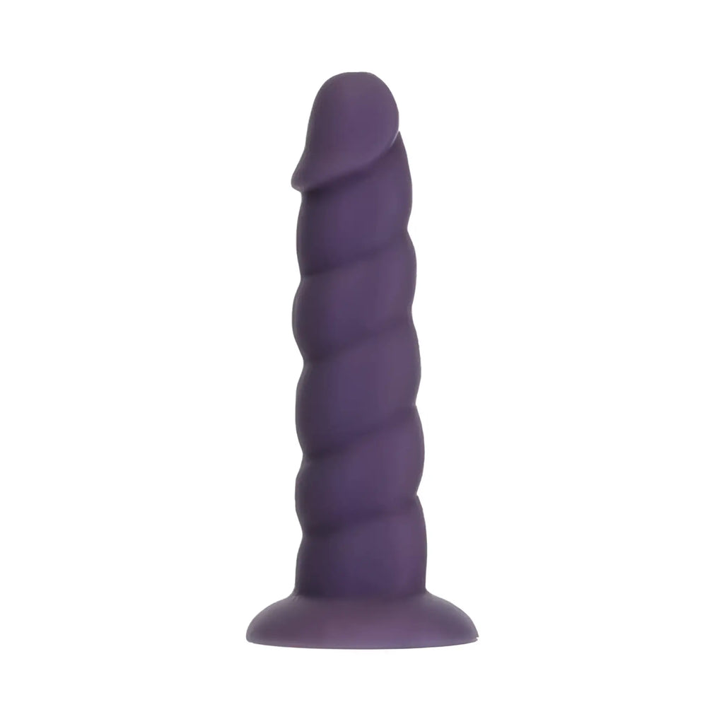 Purple silicone addiction unicorn dildo 7in with twisted spiral design and rounded head anal plug