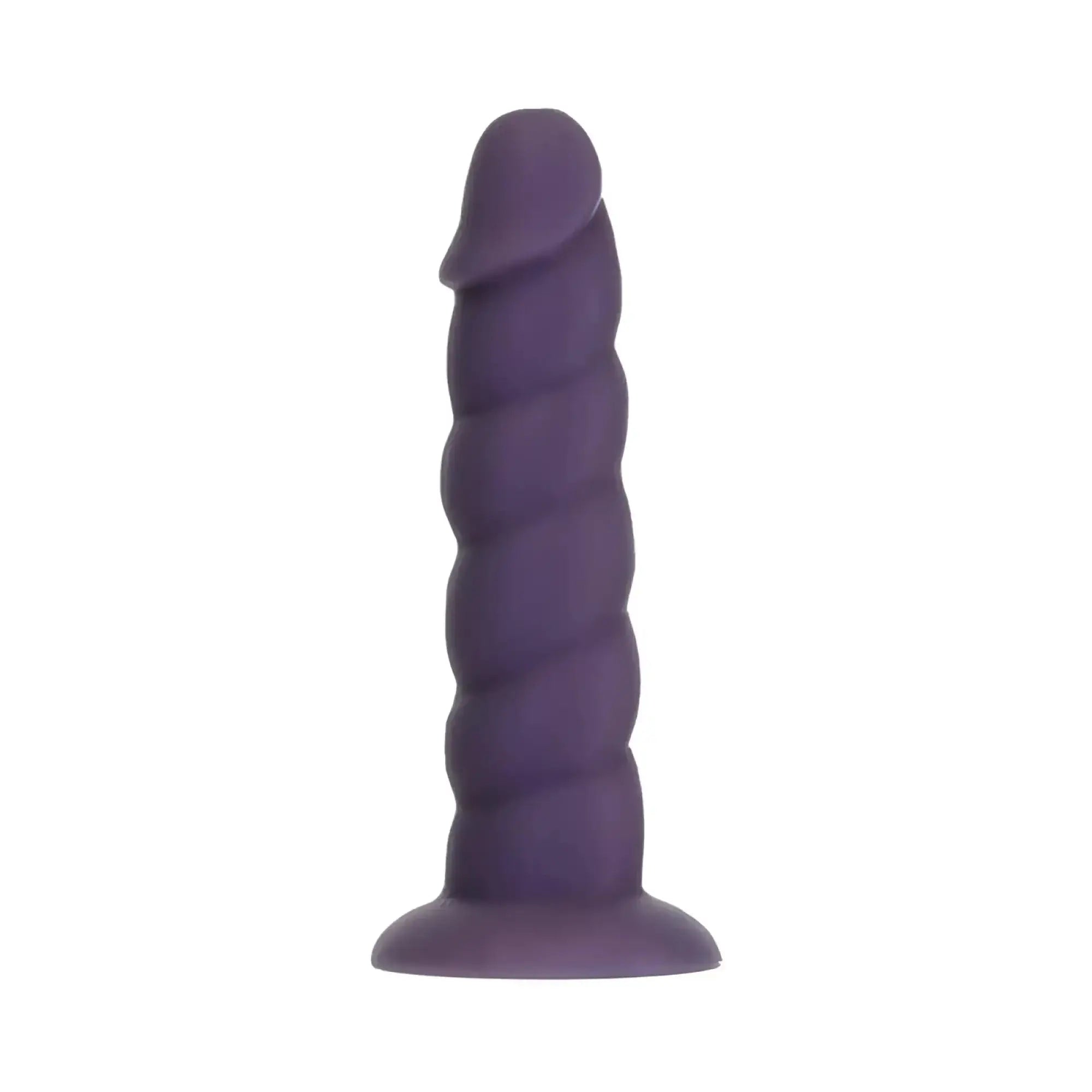 Purple silicone addiction unicorn dildo 7in with twisted spiral design and rounded head anal plug
