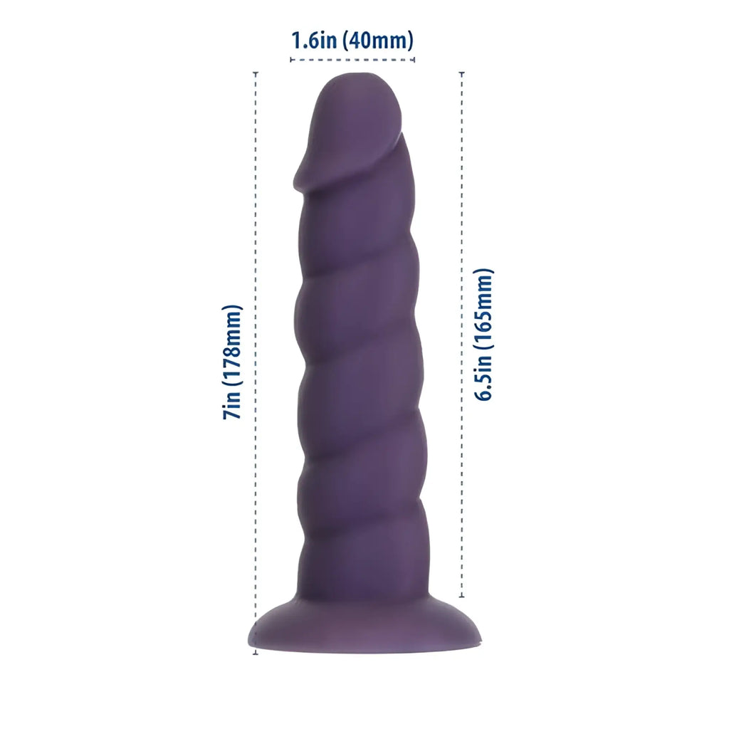 Addiction unicorn dildo 7in purple made of silicone with spiral design and rounded head for intimate use
