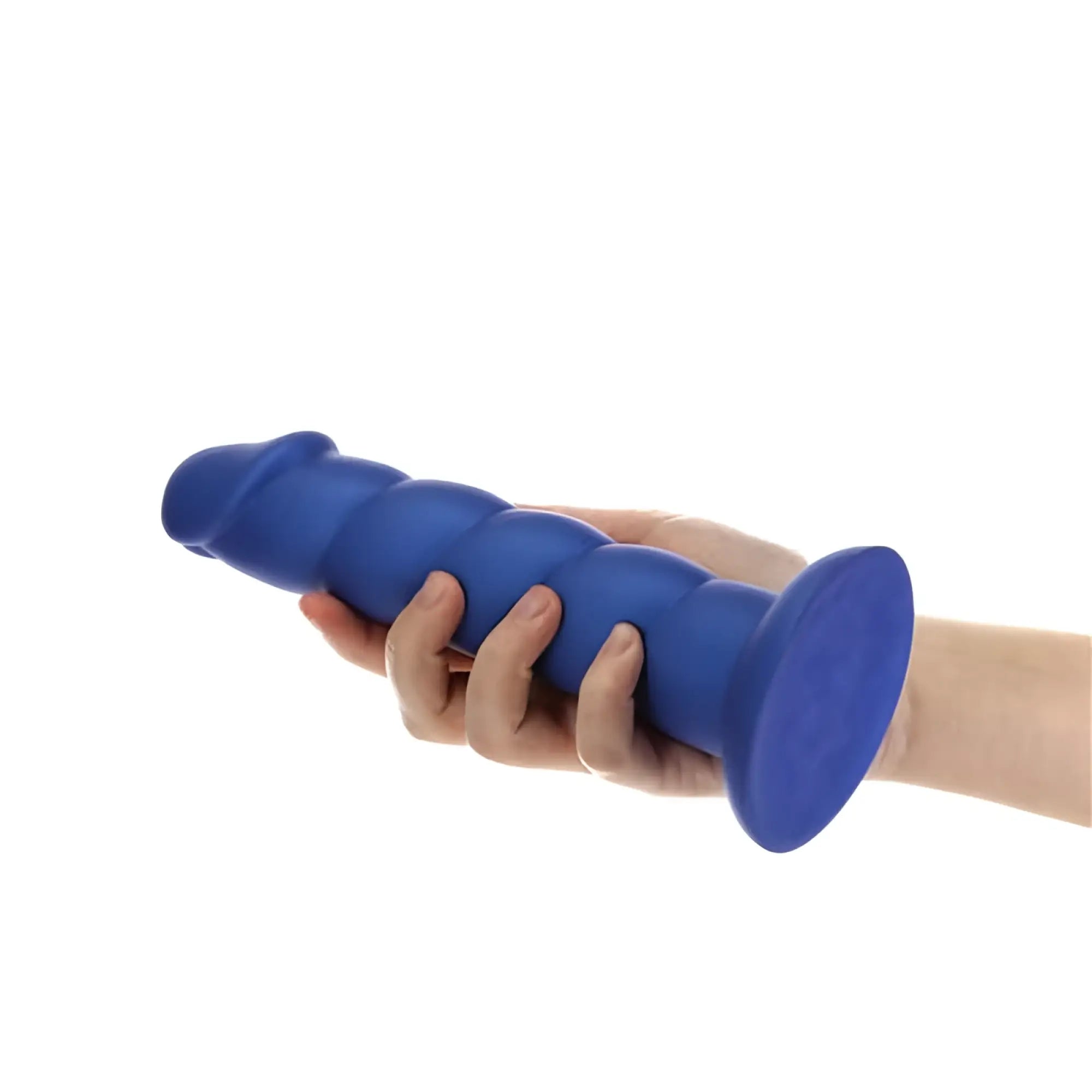 Blue silicone cock ring with textured segmented design and flared base from Addiction Unicorn Dildo 8in blue product