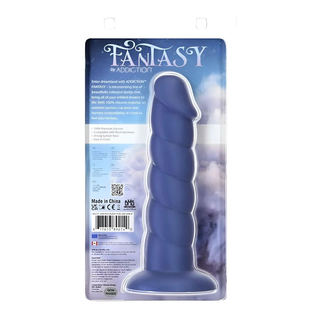 Blue silicone dildo with spiral design in clear packaging labeled fantasy by addiction, product name addiction unicorn dildo 8in blue