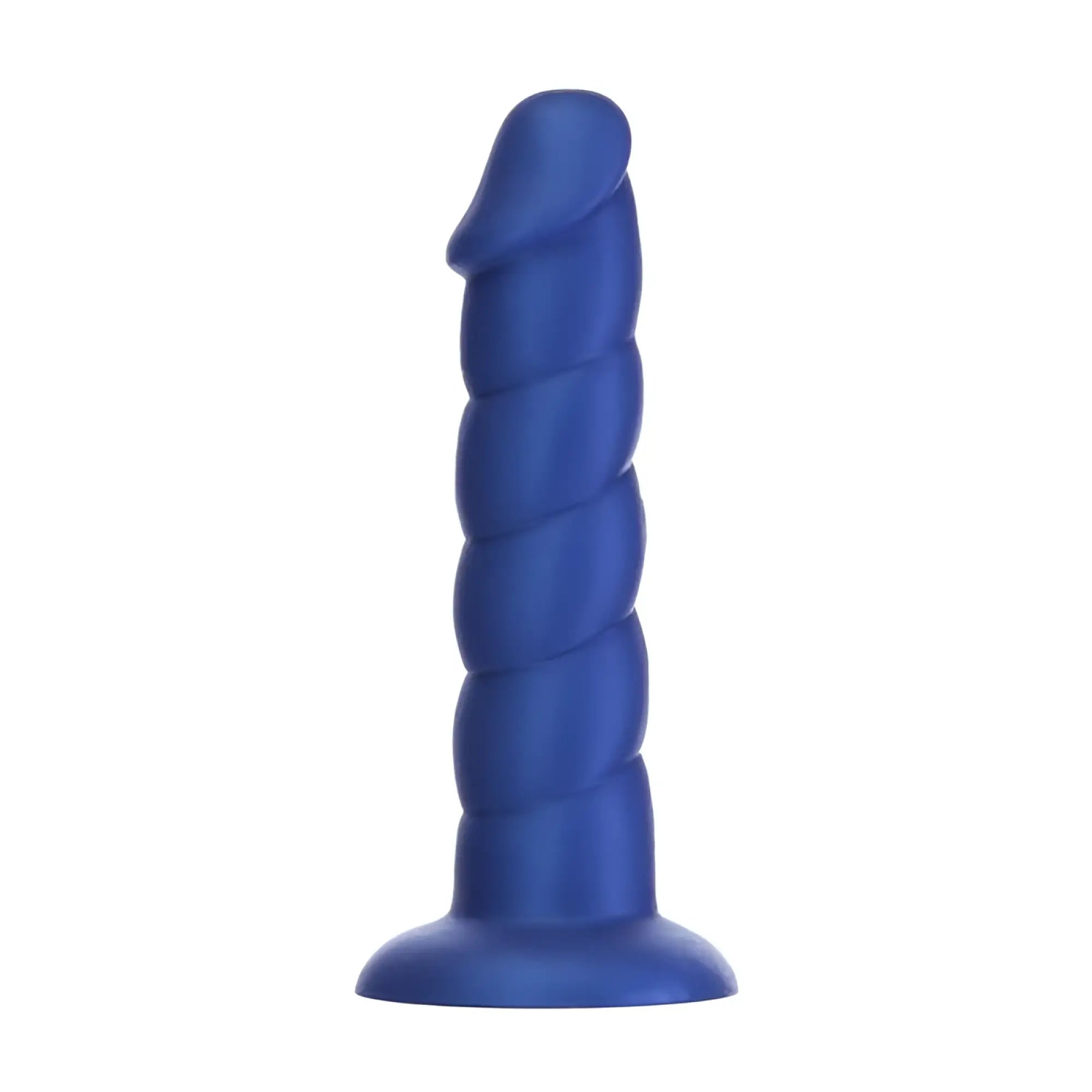 Blue silicone dildo with twisted spiral design and rounded head addiction unicorn dildo 8in blue