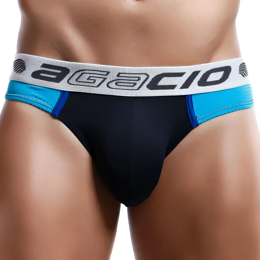 Black and blue Agacio AG6807 bikini briefs with gray waistband featuring Agacio brand logo in cotton blend material