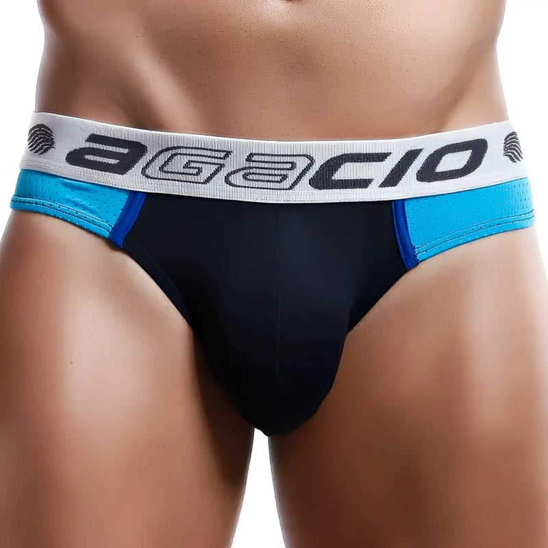 Black and blue Agacio AG6807 bikini briefs with gray waistband featuring Agacio brand logo in cotton blend material