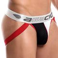 Agacio age011 jockstrap in red black and white features perforated mesh panel for athletic support