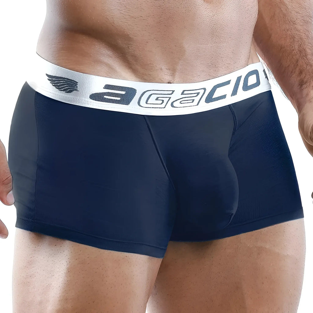 Navy blue agacio AGG014 boxer brief with white elastic waistband featuring dark gray brand logo front view